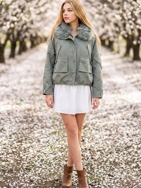 Women's Faux-Fur Trim Olive Green Jacket